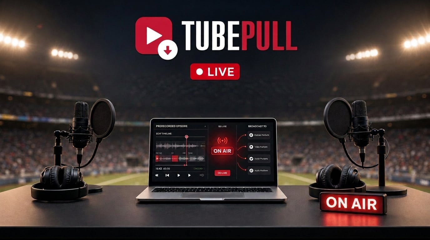 TubePull simulated live setup for a prerecorded sports podcast, with microphones, headphones, a laptop, and an on-air sign in a stadium