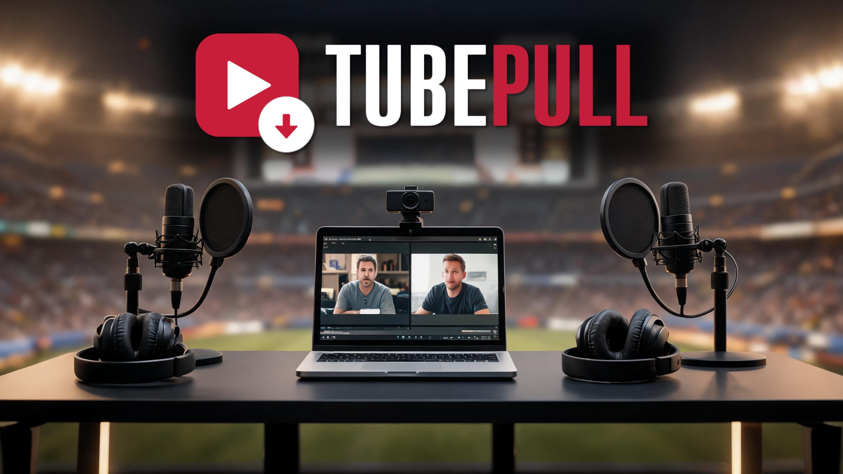A two-microphone podcast desk with a laptop showing two hosts on a video call, set against a stadium background