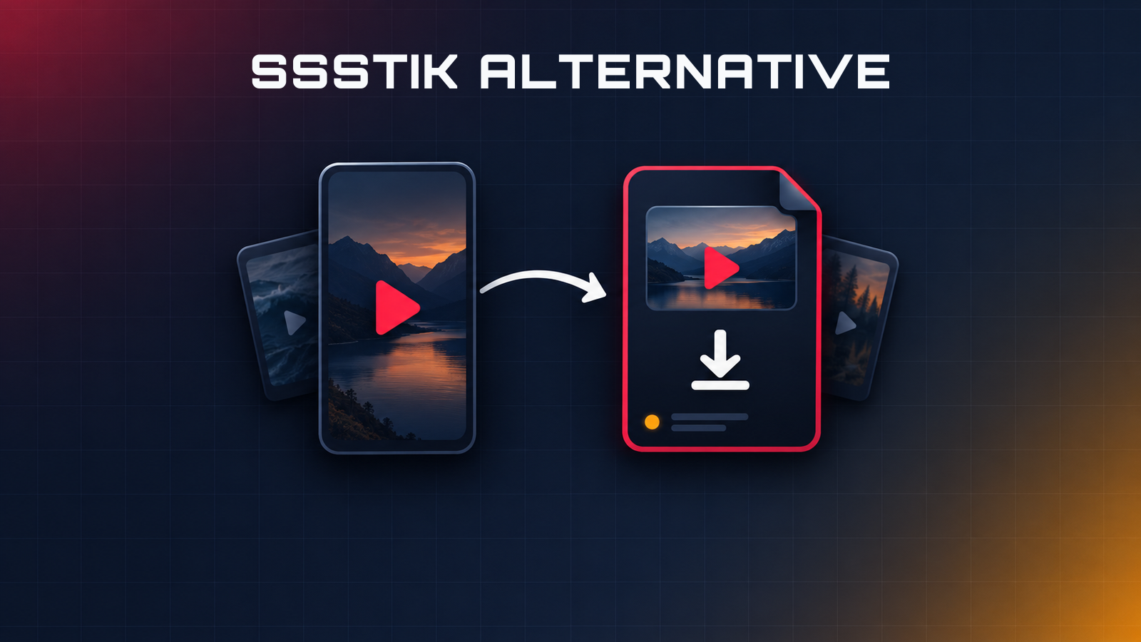 Vertical video card showing a mountain lake, connected by an arrow to a downloadable video file beneath the title SSSTIK ALTERNATIVE