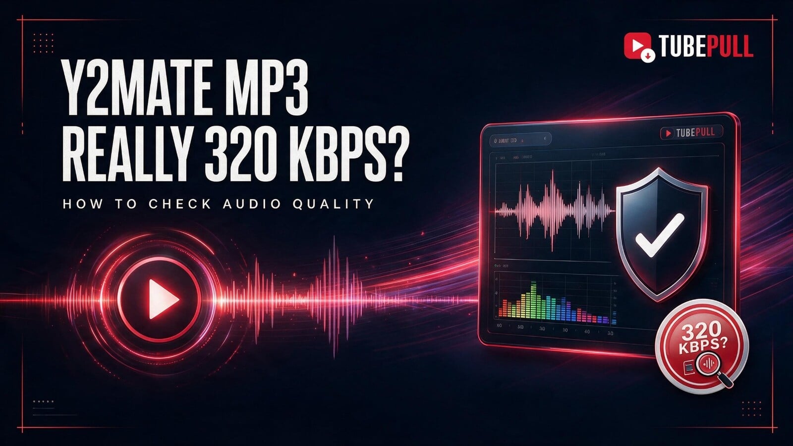 Y2Mate MP3 audio quality graphic with a waveform analyzer, verification shield, TubePull branding, and the question Really 320 kbps?